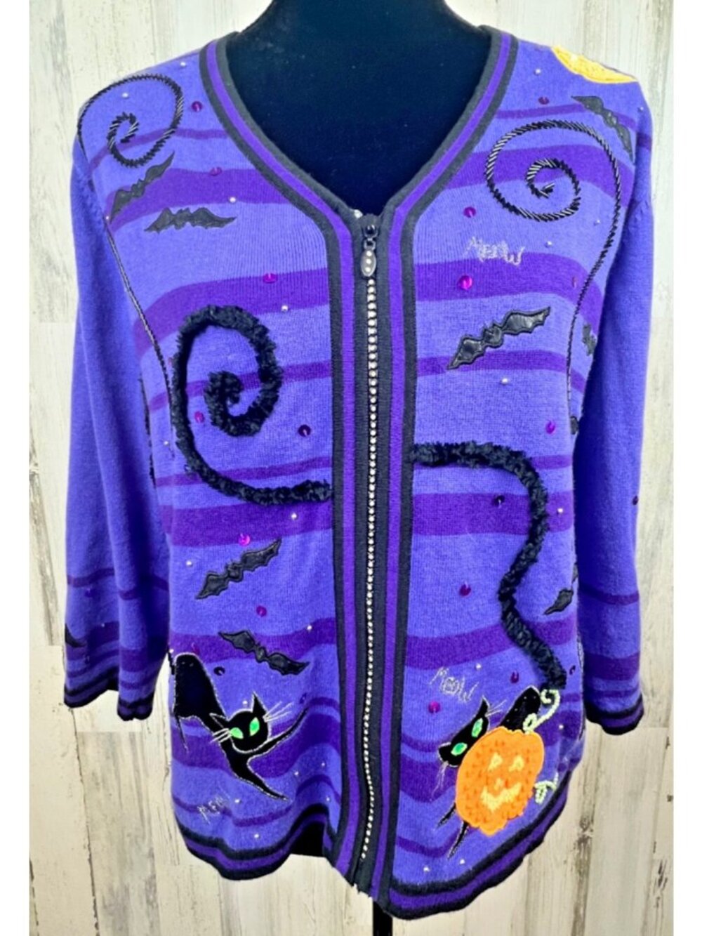 Vtg Jack B. Quick Womens Halloween Sweater Size L Beaded Black Cats Sequins EUC